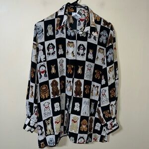 Vintage Silk Dog Novelty Print Button Blouse Women's Large